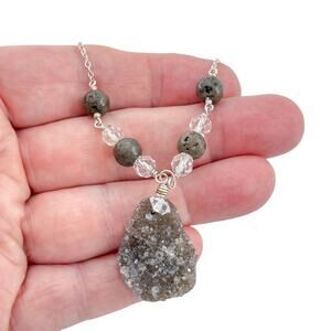 Vintage Deb Guyot Sterling Silver 925 Druzy Smoky Quartz Pendant Necklace 30"
